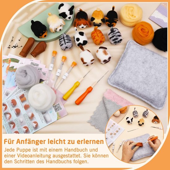 Naaldvilt set voor beginners, met diverse vilten dieren, wol, gereedschap en handleidingen. Duitse tekst over gebruiksgemak.