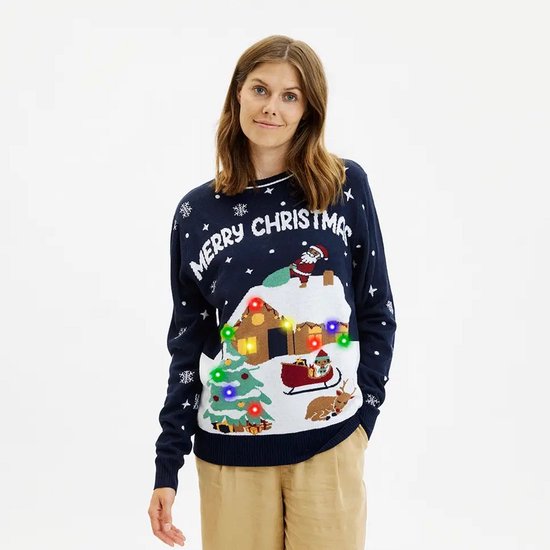Foute Kersttrui met Lichtjes Dames & Heren - Lampjes - Christmas Sweater LED "De Idyllische Kersttrui" Maat S