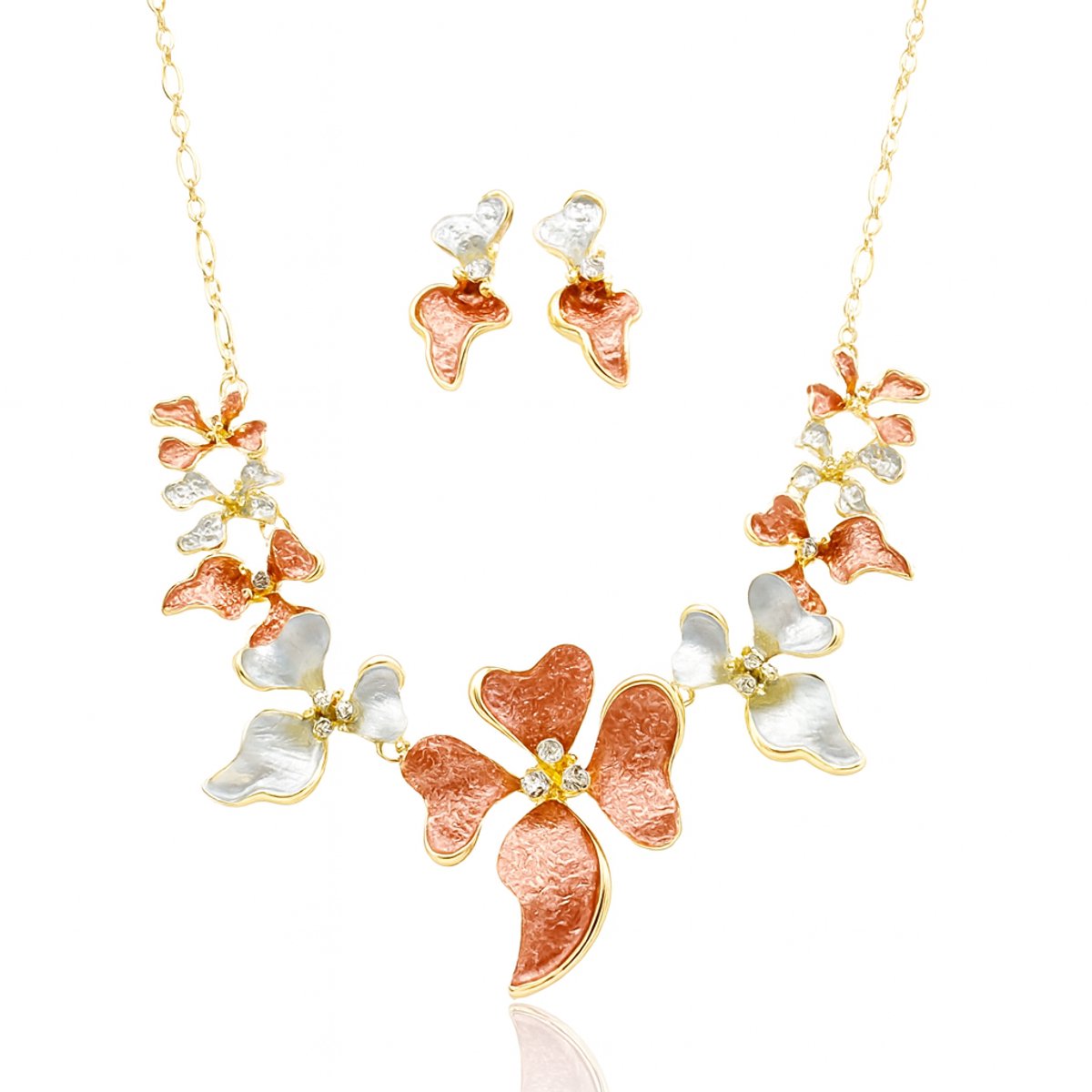 Romantische rood-blauw-gouden ketting en oorbellen set met hartvormige bloem en glinsterende stenen