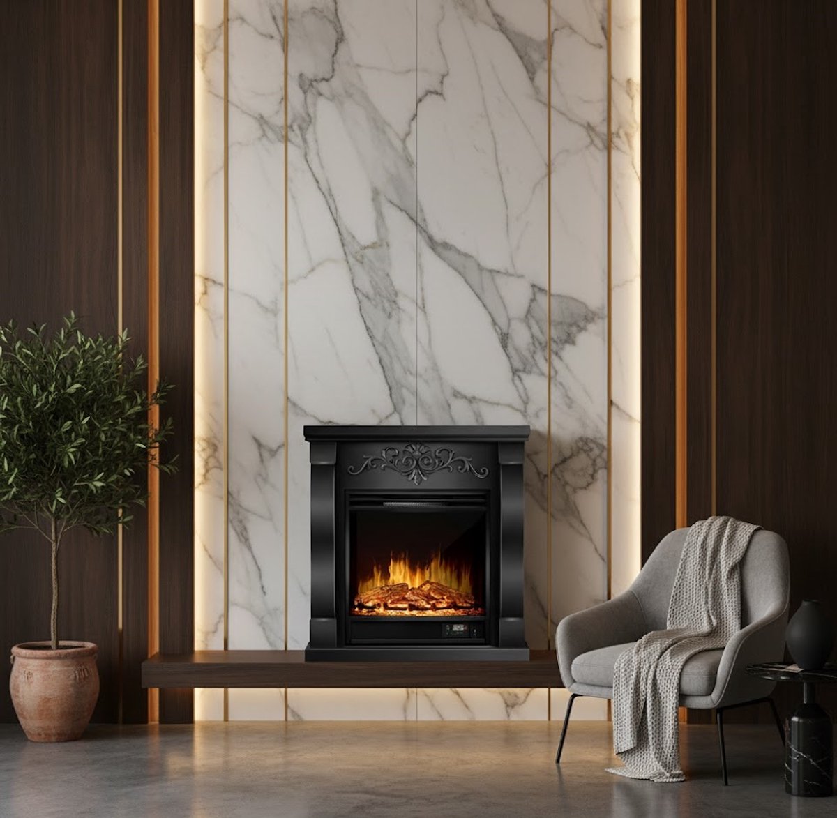 Elektrische open haard LuxeFire 1800W | 3D LED-vlameffect met verwarming & thermostaat | Timer, afstandsbediening, dimbaar sfeerlicht | Vrijstaand design zwart hout HomeByNicole