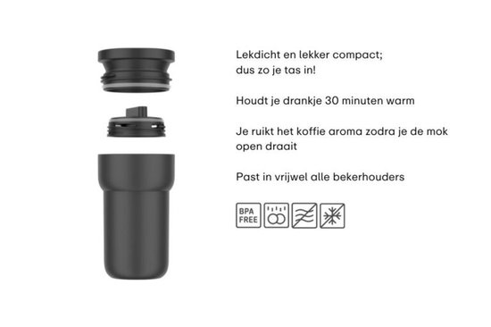 Tasse noire avec couvercle et intérieur, étanche et compacte. Sans BPA.
