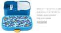 Boîte à lunch bleue avec motif Stitch, comprenant un compartiment Bento blanc et une fourchette. Le couvercle montre Stitch avec des ananas.