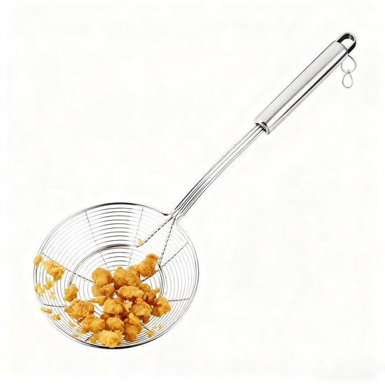 Schuimspaan - RVS Frituur- en Afgietzeef - Extra Stevige Opscheplepel met Versterkte Rand voor Olie - Soep en Noedels - Aardappels/Groente/Pasta Afgieten - Zeef - Vergiet - Kookbenodigdheden - Kitchen Tools - Zilver