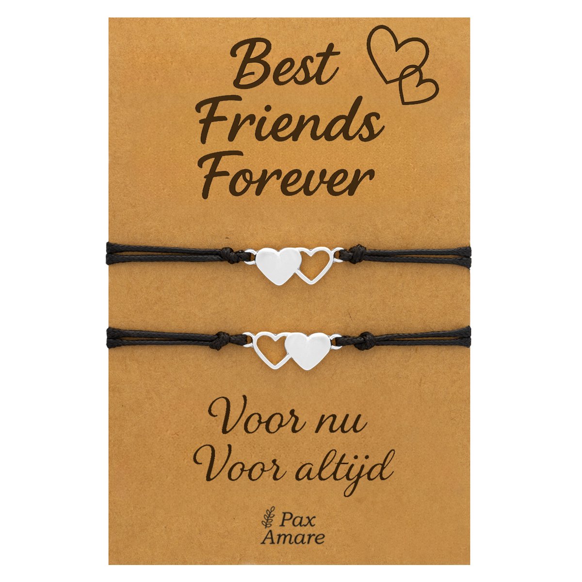 Vriendschapsarmbandjes voor 2 "Best Friends Forever" - Hartjes - BFF Armbandjes met Persoonlijk Cadeau Kaartje - Zilverkleurig - Elastisch Verstelbaar - Pax Amare