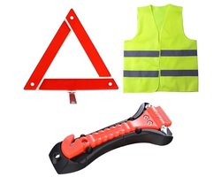 3-in-1 Waarschuwingsdriehoek Auto Verbanddoos Veiligheidshesje Eerste Hulp Set met Gordelsnijder en Noodhamer