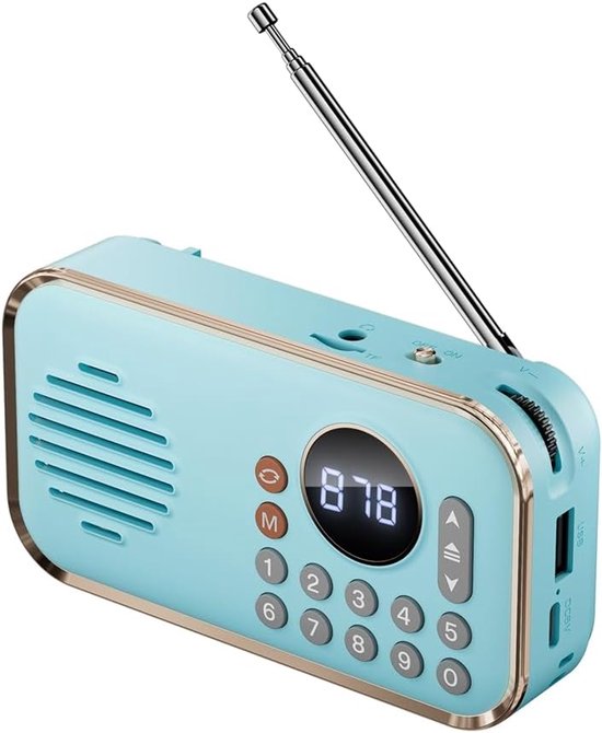 Draagbare Bluetooth FM Radio Speaker – Oplaadbaar, Klein, Surround Stereo, USB, Vintage Blauw