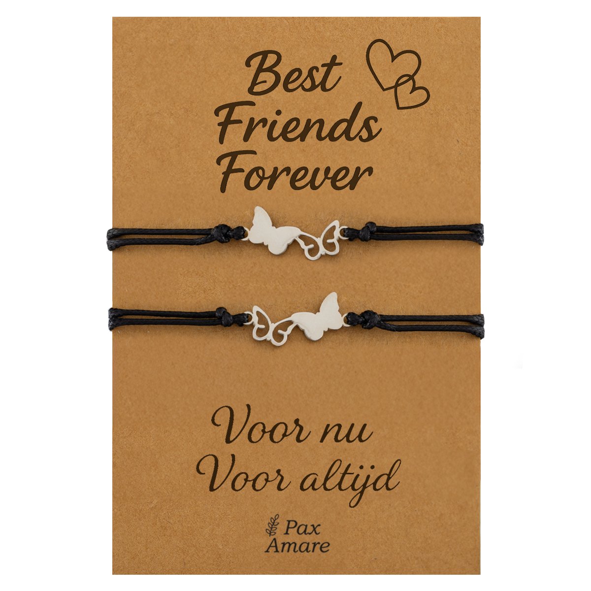Vriendschapsarmbandjes voor 2 "Best Friends Forever" - Vlinders - BFF Armbandjes met Persoonlijk Cadeau Kaartje - Zilverkleurig - Elastisch Verstelbaar - Pax Amare