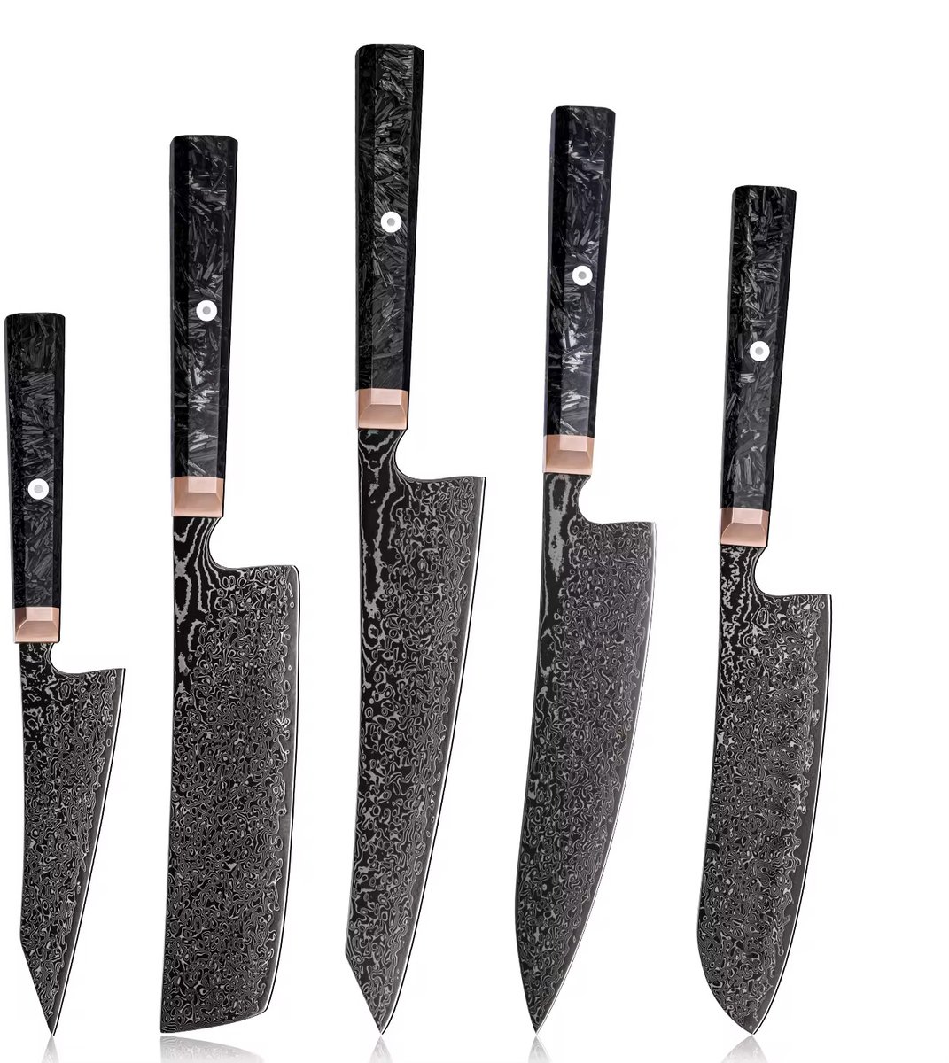 KAAMUT® 5-delige Messenset 67 Lagen Zwart Damascusstaal – Vlijmscherp – Professionele Koksmessen – Handvat van Koper & Carbon