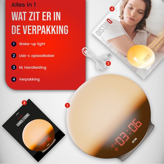 DistinQ Wake-Up Light – Wekkerradio met dubbele wektijd – Slaaphulp met USB aansluiting