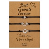 Vriendschapsarmbandjes voor 3 "Best Friends Forever" - Zon / Maan / Ster - BFF Armbandjes met Persoonlijk Cadeau Kaartje - Zilverkleurig - Elastisch Verstelbaar - Pax Amare
