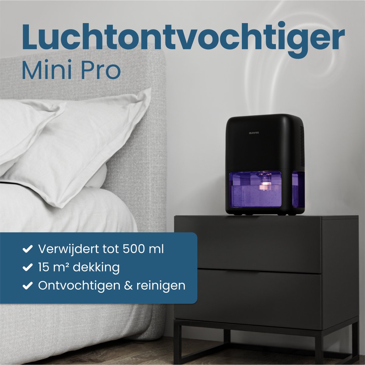 Auronic Luchtontvochtiger - Ontvochtigt 500ml Per Dag - Zwart thumbnail 2