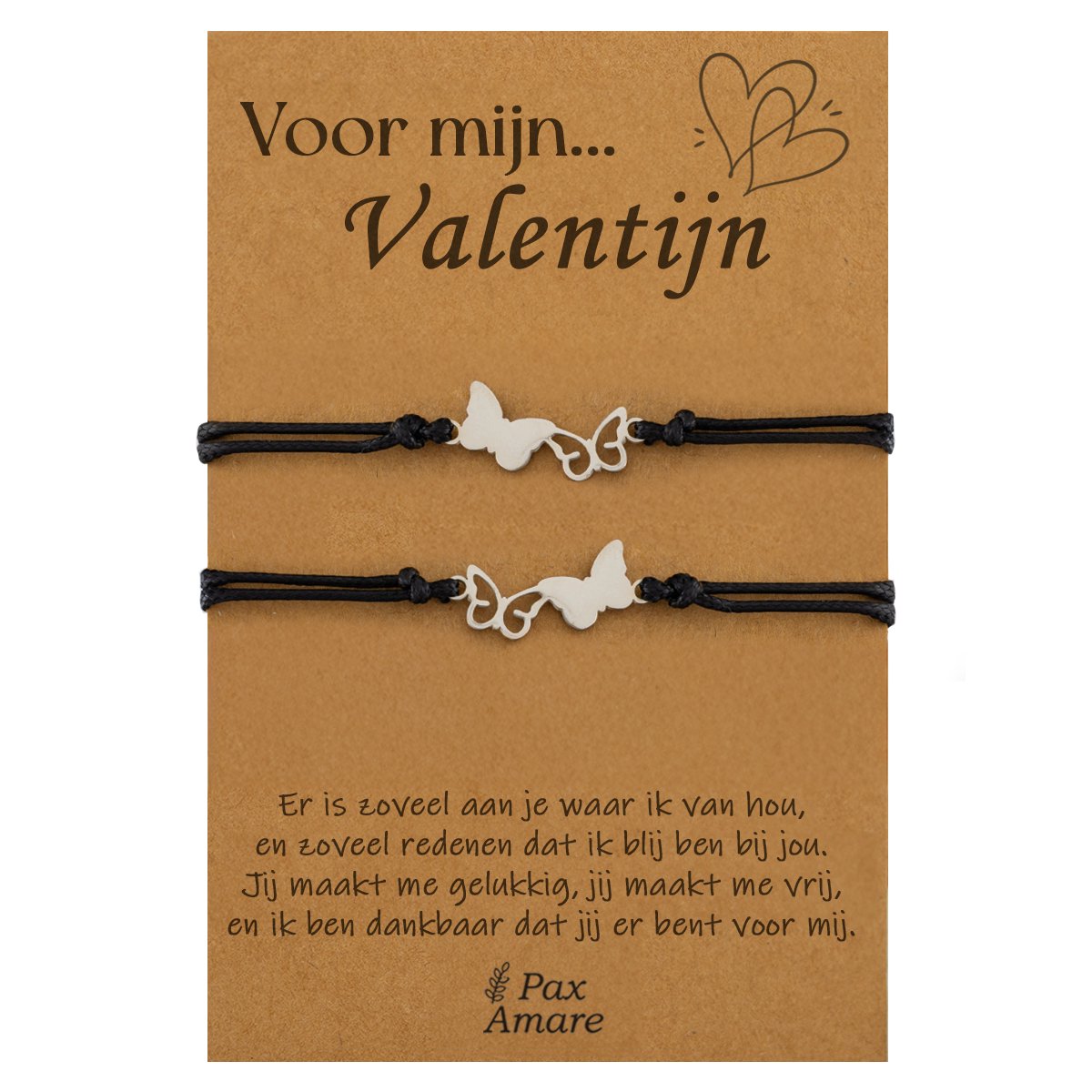 Koppel Armbandjes voor 2 "Voor Mijn Valentijn" - Vlinders - Vriendschapsarmbandjes met Persoonlijk Cadeau Kaartje - Zilverkleurig - Elastisch Verstelbaar - Pax Amare
