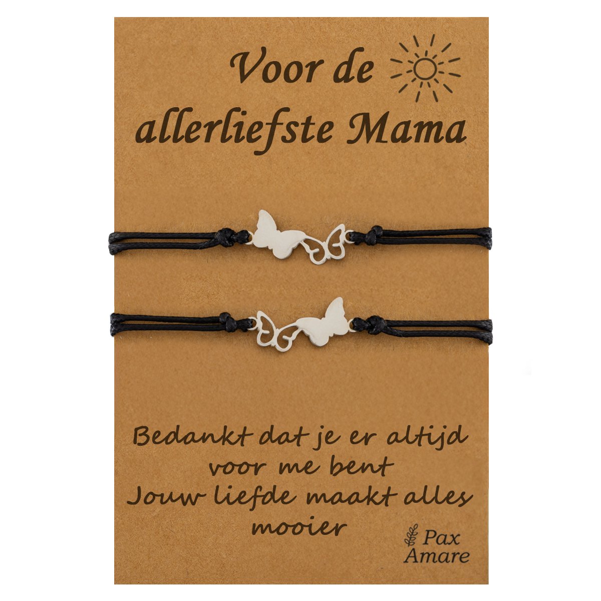 Moeder Kind Armbandjes voor 2 "Voor de Allerliefste Mama" - Vlinders - Vriendschapsarmbandjes met Persoonlijk Cadeau Kaartje - Zilverkleurig - Elastisch Verstelbaar - Pax Amare