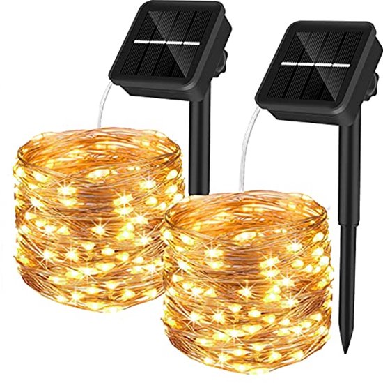 Etopgo [2 stuks lichtketting op zonne-energie voor buiten, 5 m, 50 leds, 8 modi, IP65 waterdicht, koperdraad, lichtketting op zonne-energie, buiten, weerbestendig, voor balkon, binnenplaats, tuin