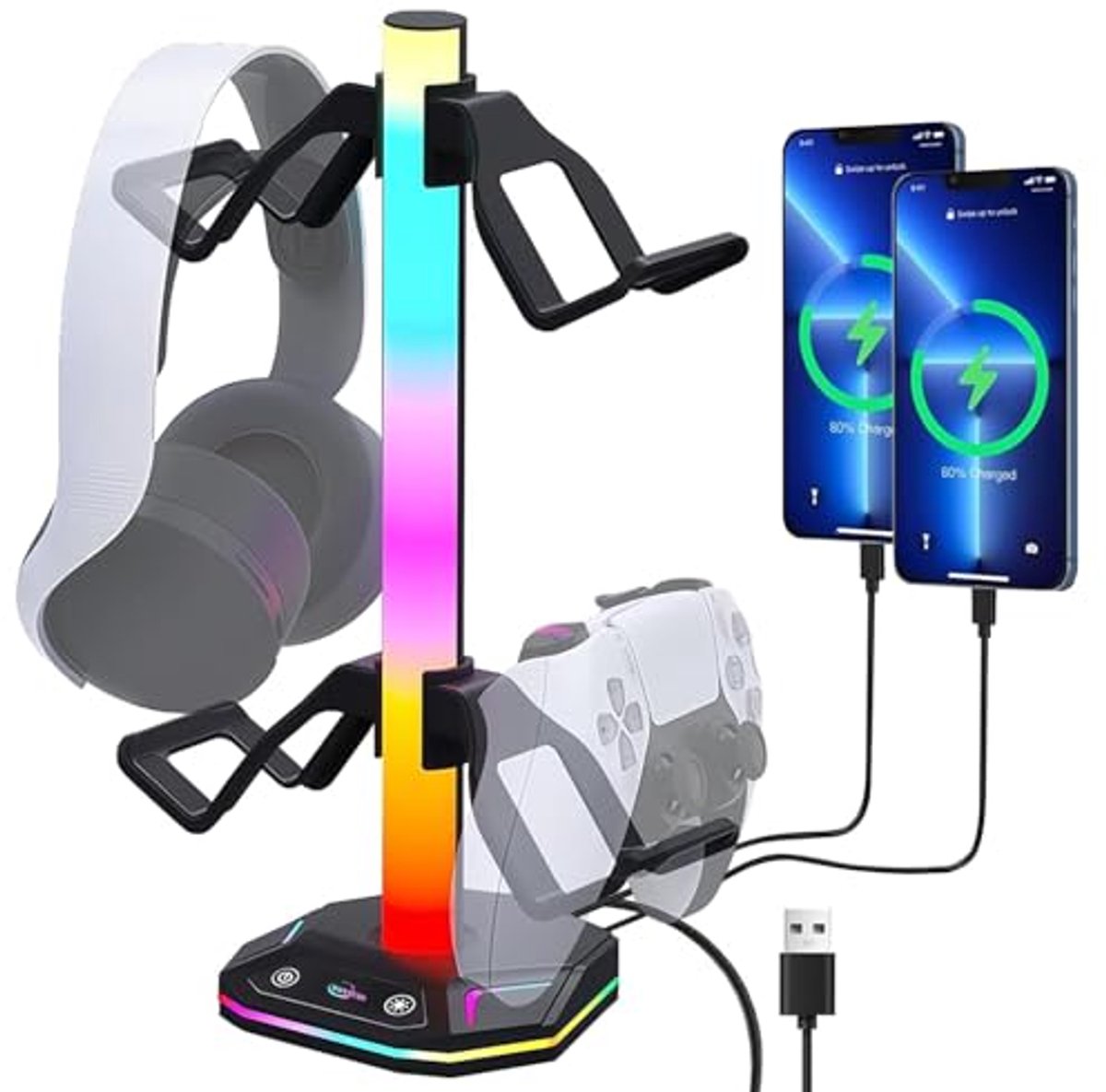 RGB Hoofdtelefoonhouder met Verzwaarde Basis en Oplader - Gaming Hoofdtelefoonhouder met USB en Type C