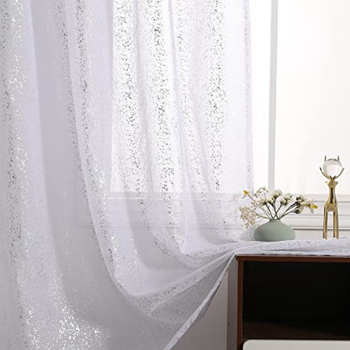 Transparante netgordijnen met metallic glitter stippen - privacy gordijnen voor slaapkamer 117 x 137 cm