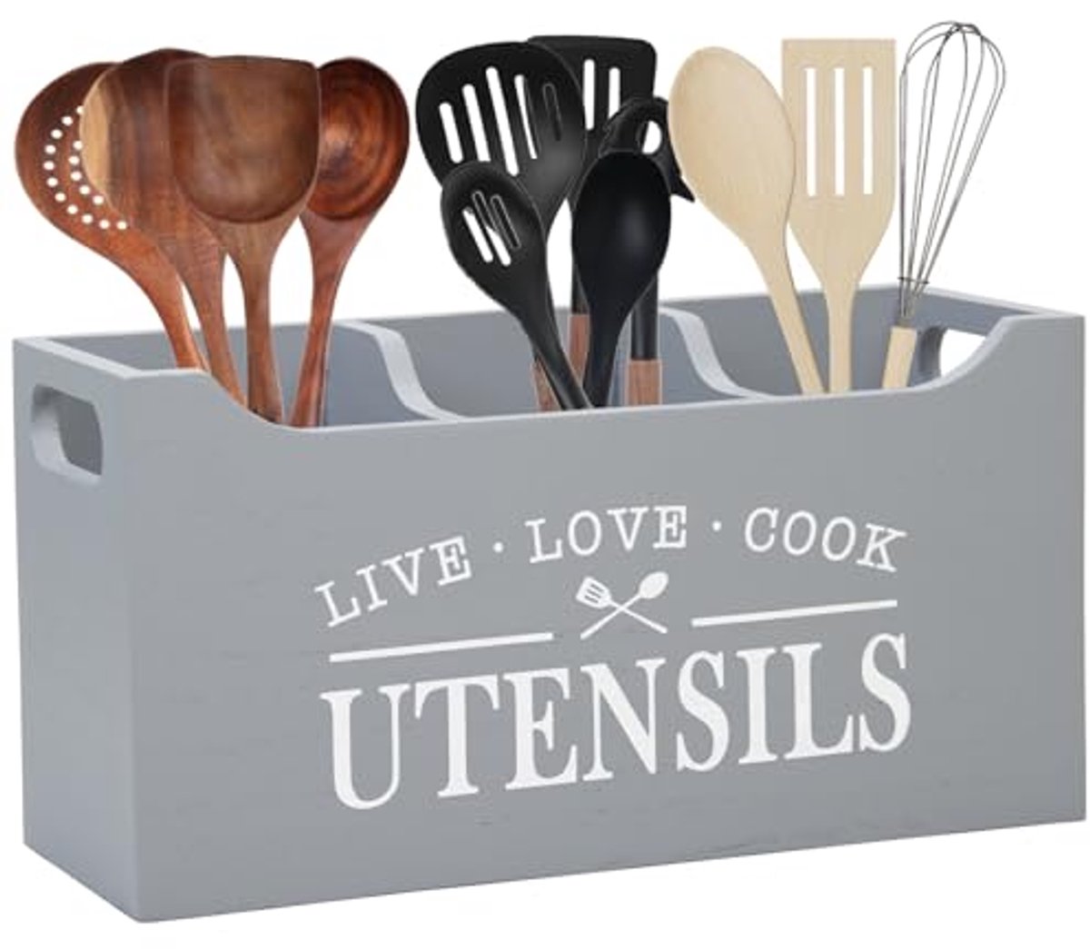 Grote Keuken Organizer met Afvoerbasis - 3 Compartimenten Houten Keukengerei Houder