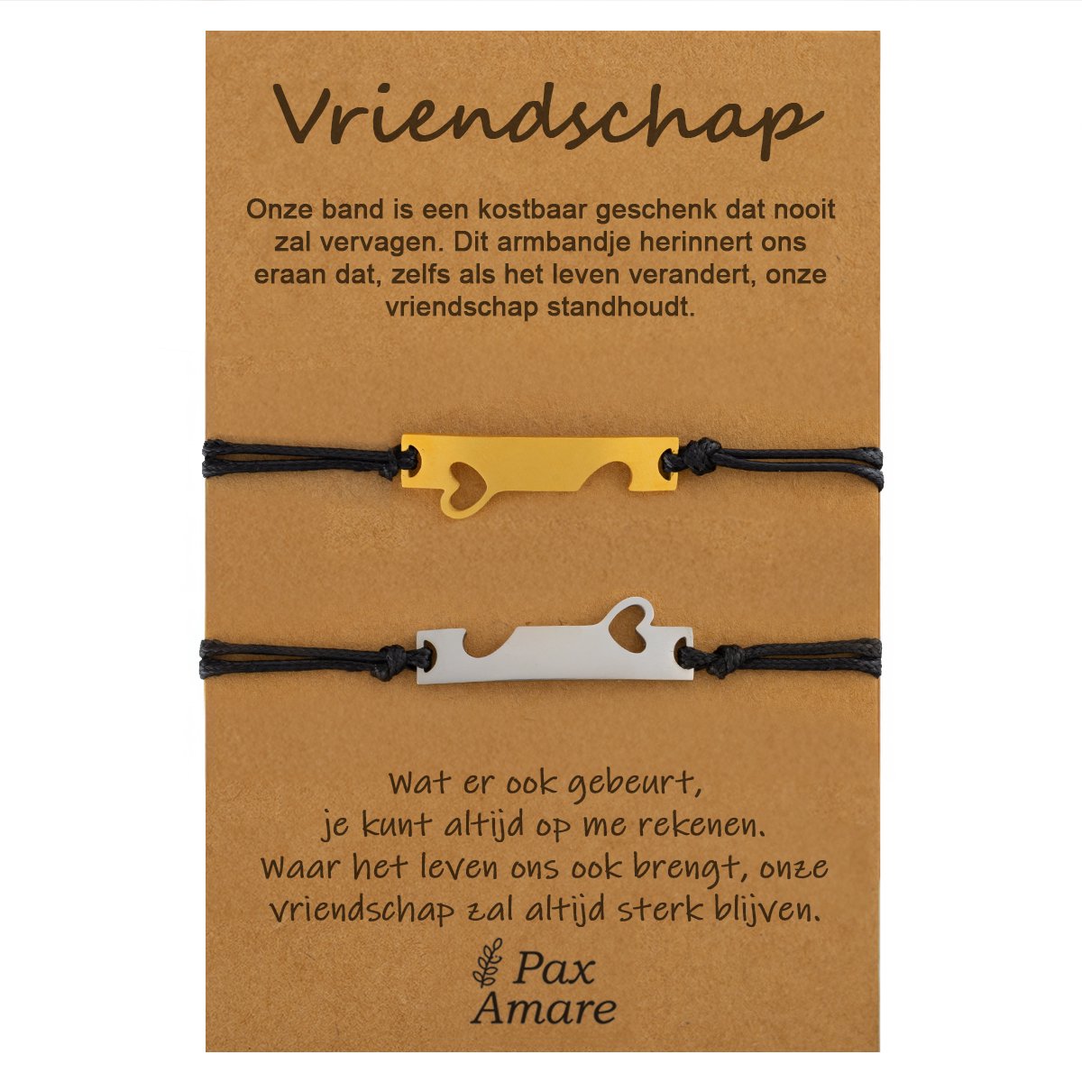 Vriendschapsarmbandjes voor 2 "Vriendschap" - Aansluitende Hartjes - BFF Armbandjes met Cadeau Kaartje - Zilverkleurig & Goudkleurig - Elastisch Verstelbaar - Pax Amare