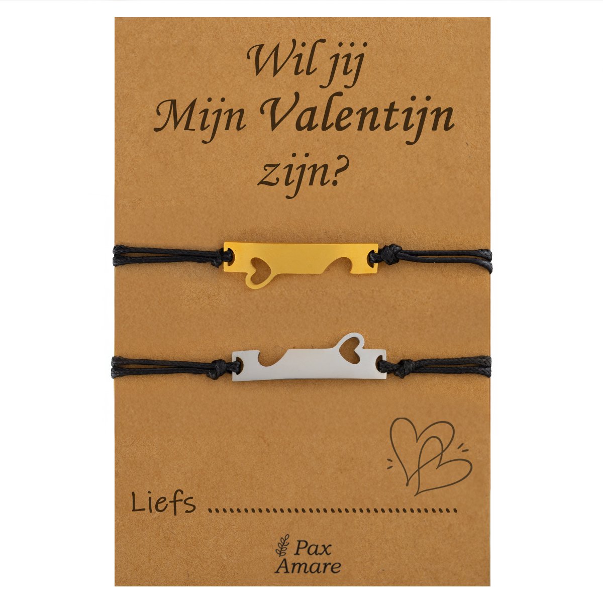 Koppel Armbandjes voor 2 "Wil jij mijn Valentijn Zijn?" - Aangesloten Hartjes - Vriendschapsarmbandjes met Persoonlijk Cadeau Kaartje - Zilverkleurig & Goudkleurig - Elastisch Verstelbaar - Pax Amare