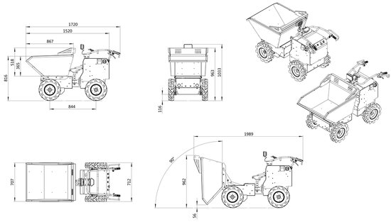 Elektrische knikdumper 4x4 wielaandrijving 350kg 158 l hydraulisch kippen, batterij 48V Torros MED303HK van Torros — afbeelding 3