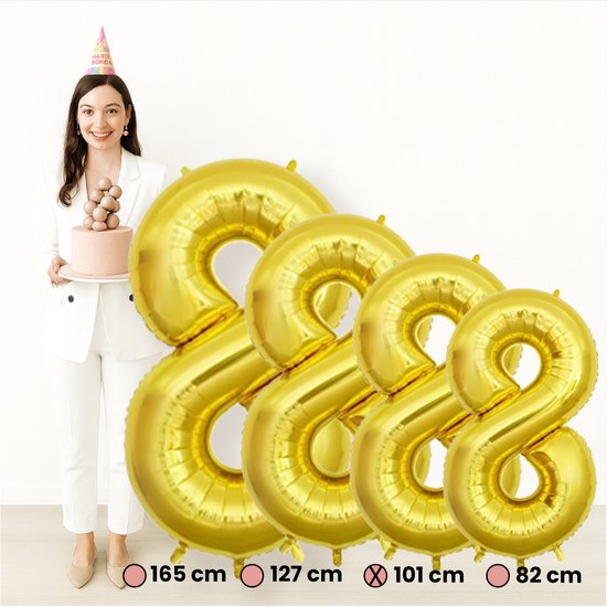 Vrouw met taart en gouden cijfer 8 ballonnen van verschillende groottes