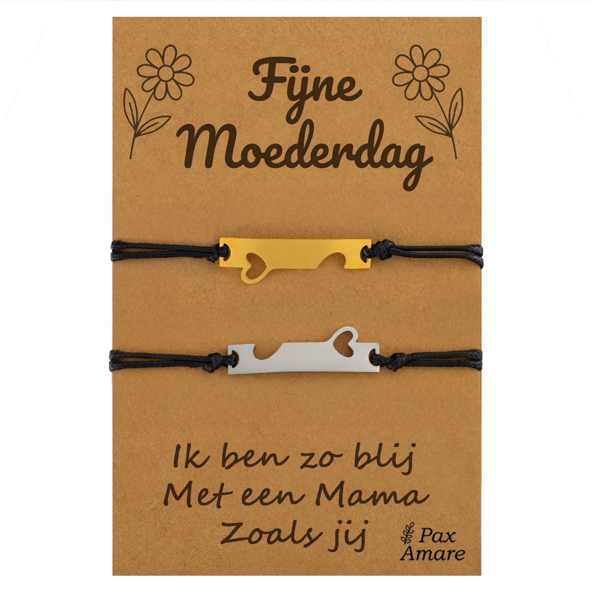 Moeder Kind Armbandjes voor 2 "Fijne Moederdag" - Aangesloten Hartjes - Vriendschapsarmbandjes met Persoonlijk Cadeau Kaartje - Zilverkleurig & Goudkleurig - Elastisch Verstelbaar - Pax Amare