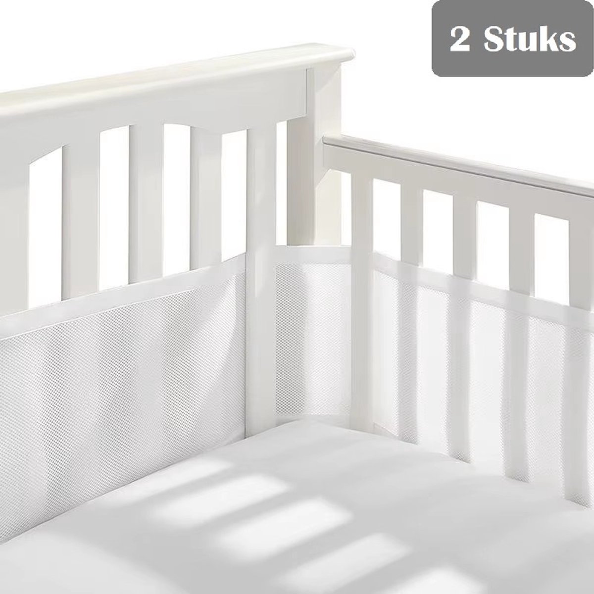 Image of 2 Stuks Baby Bedomrander – Ademende Bedbumper voor Ledikant, Wieg & Box – Wit – 160x30cm + 240x30cm – Veilig Mesh Bedrand – Zachte Bescherming Babybed
