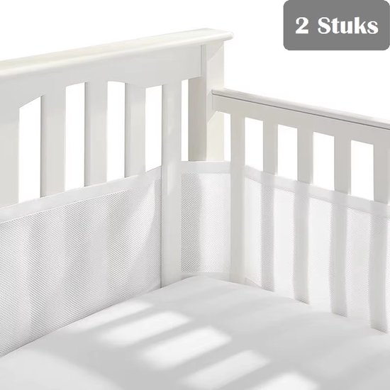 2 Stuks Baby Bedomrander – Ademende Bedbumper voor Ledikant, Wieg & Box – Wit – 160x30cm + 340x30cm – Veilig Mesh Bedrand – Zachte Bescherming Babybed