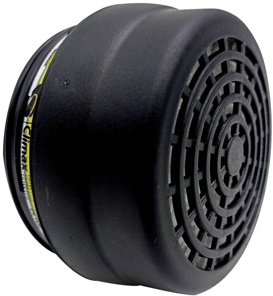 Zwart Climax combifilter met een ronde zwarte grille aan de zijkant. Tekst op de zijkant: Climax EN 143, EN 14387.