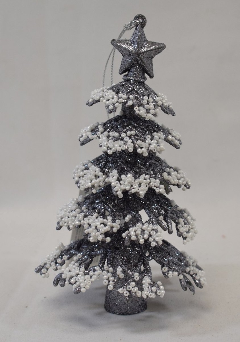 ZoeZo Design - 5 stuks - kerst - kersthanger - kerstboompje - zwart glitter - witte kraaltjes - sneeuw - 16 x Ø 9 cm