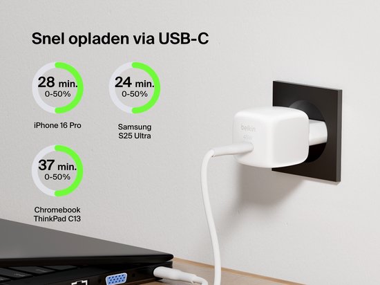 Witte Belkin 45W USB-C-oplader aangesloten op een stopcontact, met tekst en grafieken over oplaadtijden voor verschillende apparaten.