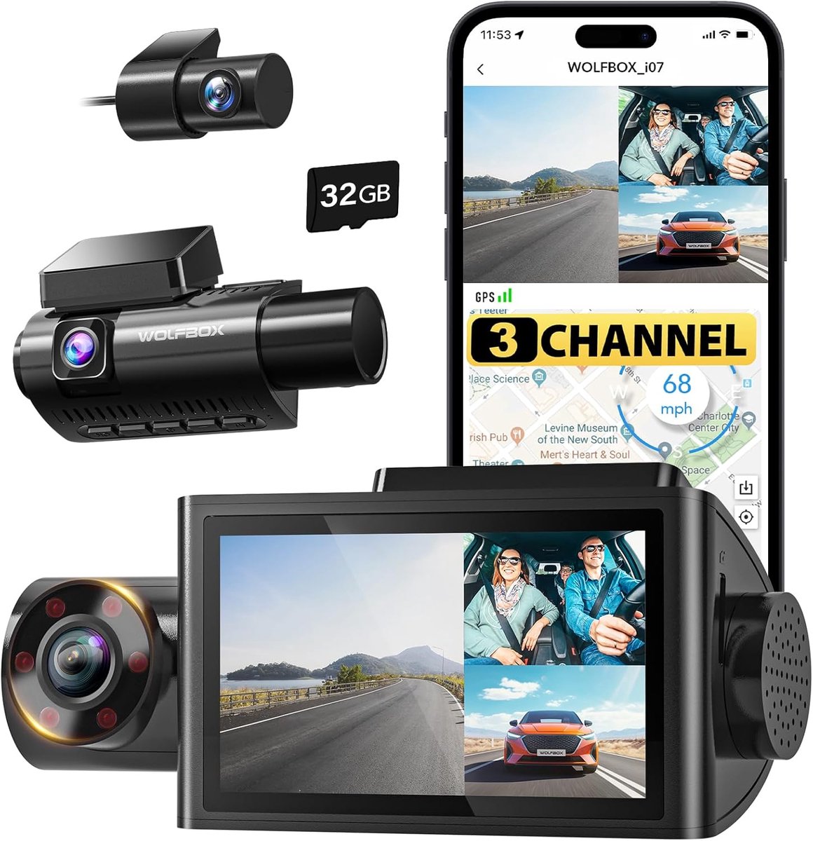WOLFBOX i07 Dashcam, 3-kanaals Dashcam Camera met WiFi en GPS, 4K+1080P voor Voor & Interieur, 2.5K 1600P+1080P+1080P, 3" LCD met Super IR Nachtzicht, 24-uurs Parkeerbewaking, Max. 512 GB (Draadloos Voor & Achter)