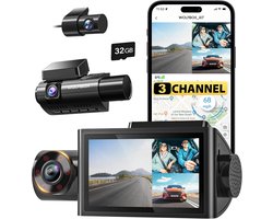 WOLFBOX i07 Dashcam, 3-kanaals Dashcam Camera met WiFi en GPS, 4K+1080P voor Voor & Interieur, 2.5K 1600P+1080P+1080P, 3" LCD met Super IR Nachtzicht, 24-uurs Parkeerbewaking, Max. 512 GB (Draadloos Voor & Achter)