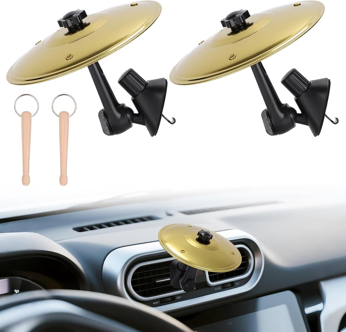 Autobekkens, autobekkens-luchtrooster, Bekkens voor autoventilatieroosters clip-on mini-trommelbekkens, eenvoudig te installeren, Past op alle auto's/vrachtwagens, Een leuk cadeau voor bestuurders en muziekliefhebbers (goud, 2 stuks) - Cyslmuk®