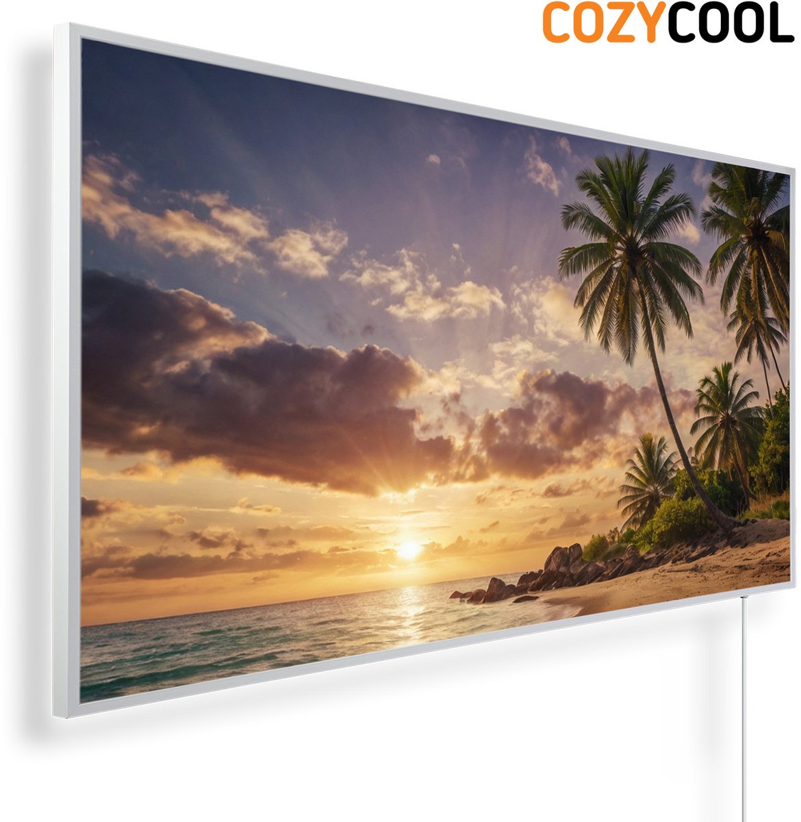 Infraroodpaneel met afbeelding | Tropisch strand met palmbomen | 1200 Watt | Witte lijst | Infrarood verwarmingspaneel | Infrarood paneel | Infrarood verwarming