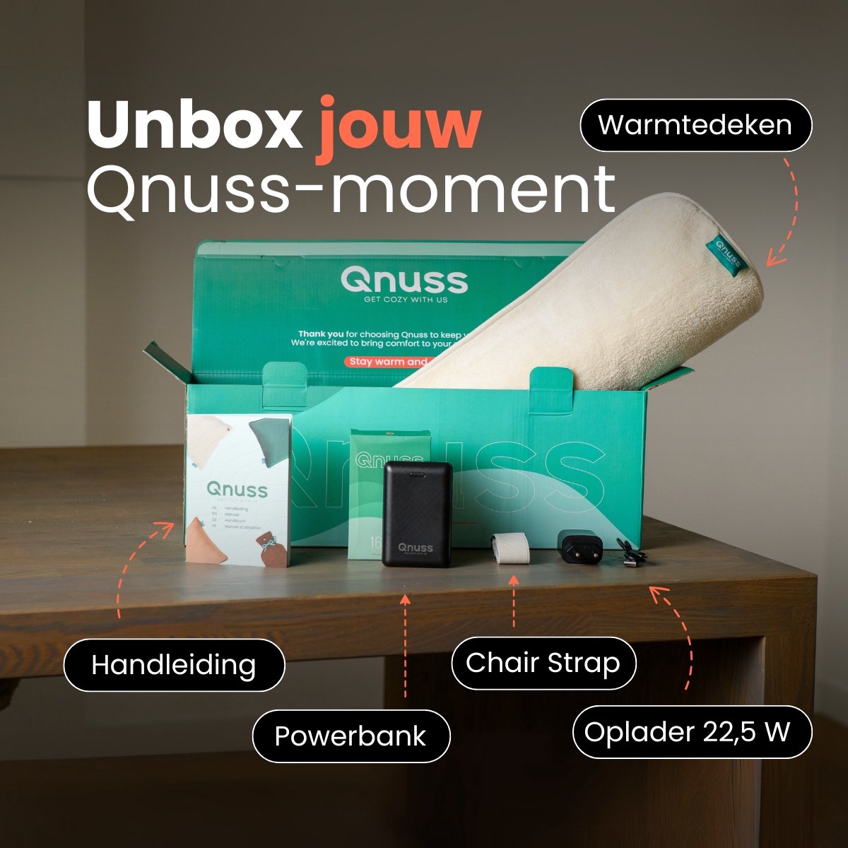 Qnuss Infrarood Warmtedeken - Elektrisch Stoelkleed - Draadloos - 135x45 cm - Wit - Inclusief powerbank – foto 8