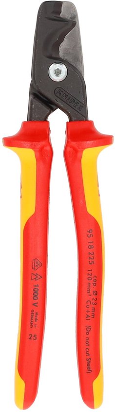 Knipex tangen met rode en gele handvatten, gesloten snijblad. Tekst: 1000V Made in GERMANY.