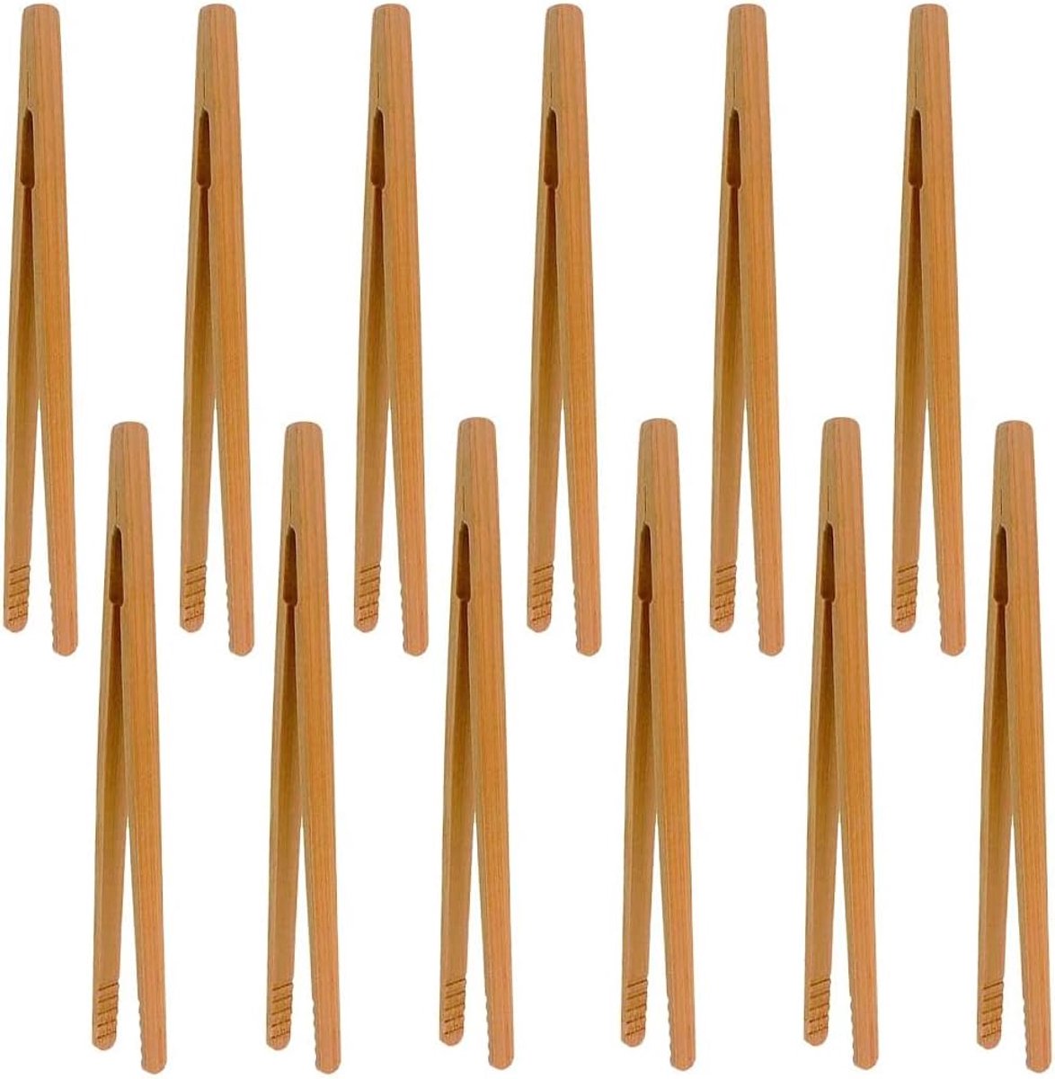 Set van 12 Bamboe Barbecuetangen – 17,8 cm Kleine Houten Serveertangen voor Buffet, Kaas, Fruit, Muffins, Brood en BBQ