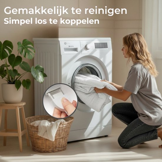 Vrouw doet een witte elektrische deken in een wasmachine, met close-up van de afkoppelbare connector.