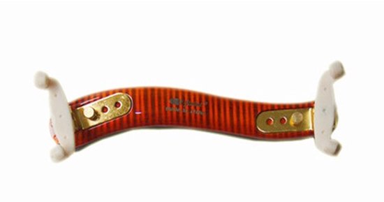 Oranje viool schoudersteun met zwarte vulling en gouden schroeven.