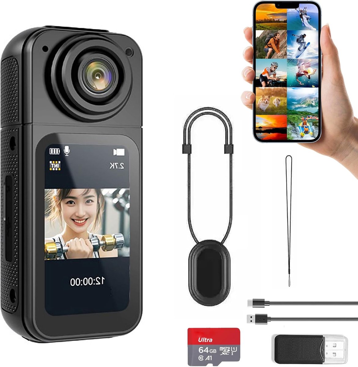 Mini Camera's - S70 2.7K Draagbare Camera - Magnetisch Ontwerp - 1.47 inch Scherm - Incl. 64GB & Halskoord - Zwart