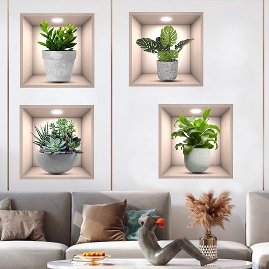 Quatre plantes 3D en pots en béton dans des niches éclairées, au-dessus d'un canapé.