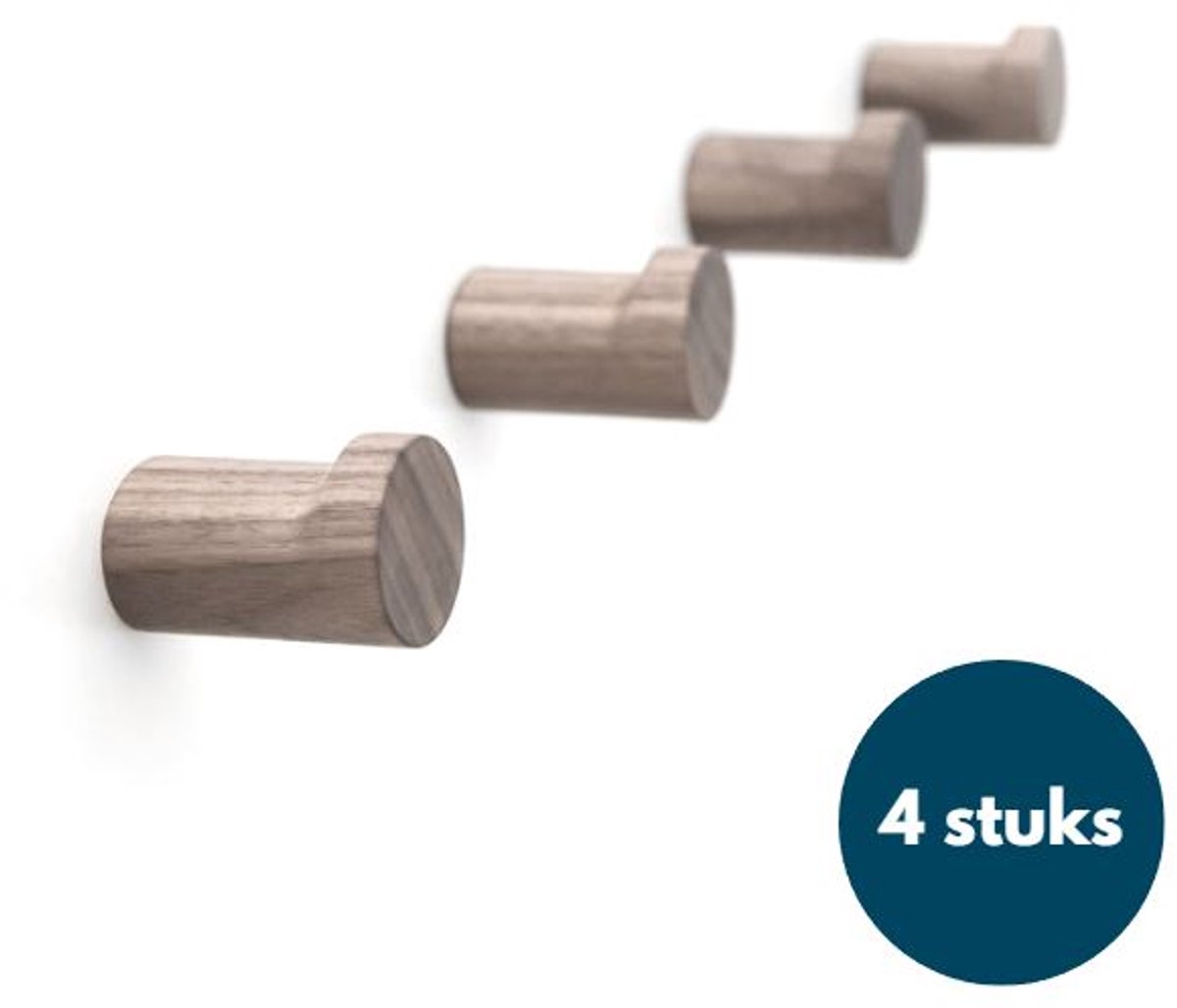 Houten Kapstokhaken - Walnoot licht - 4 Stuks - Ophanghaken - Handdoekhaken - Jashaken