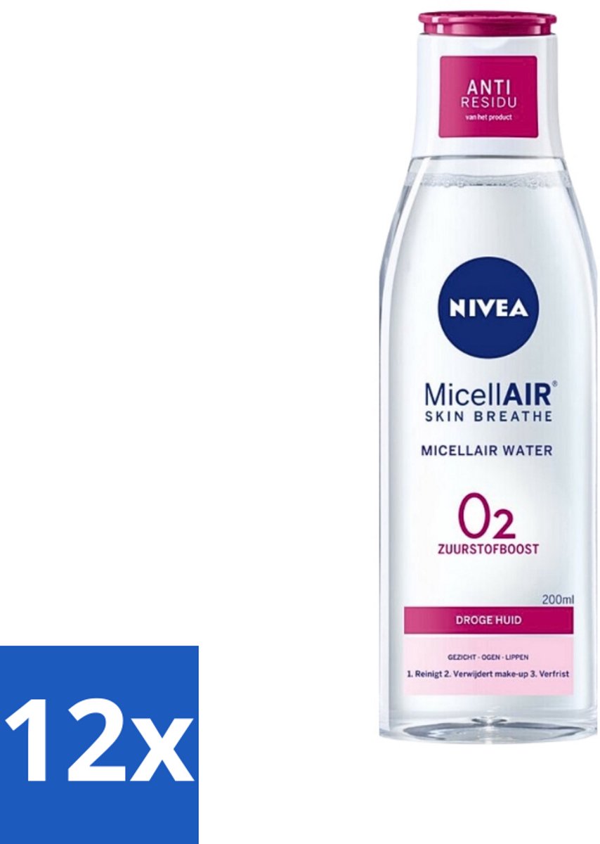 12 x Nivea - O2 Zuurstofboost Micellair Water - Droge Huid - 200 ml - Micellair Water - Droge Huid - Zuurstofboost - Reiniging - Hydratatie