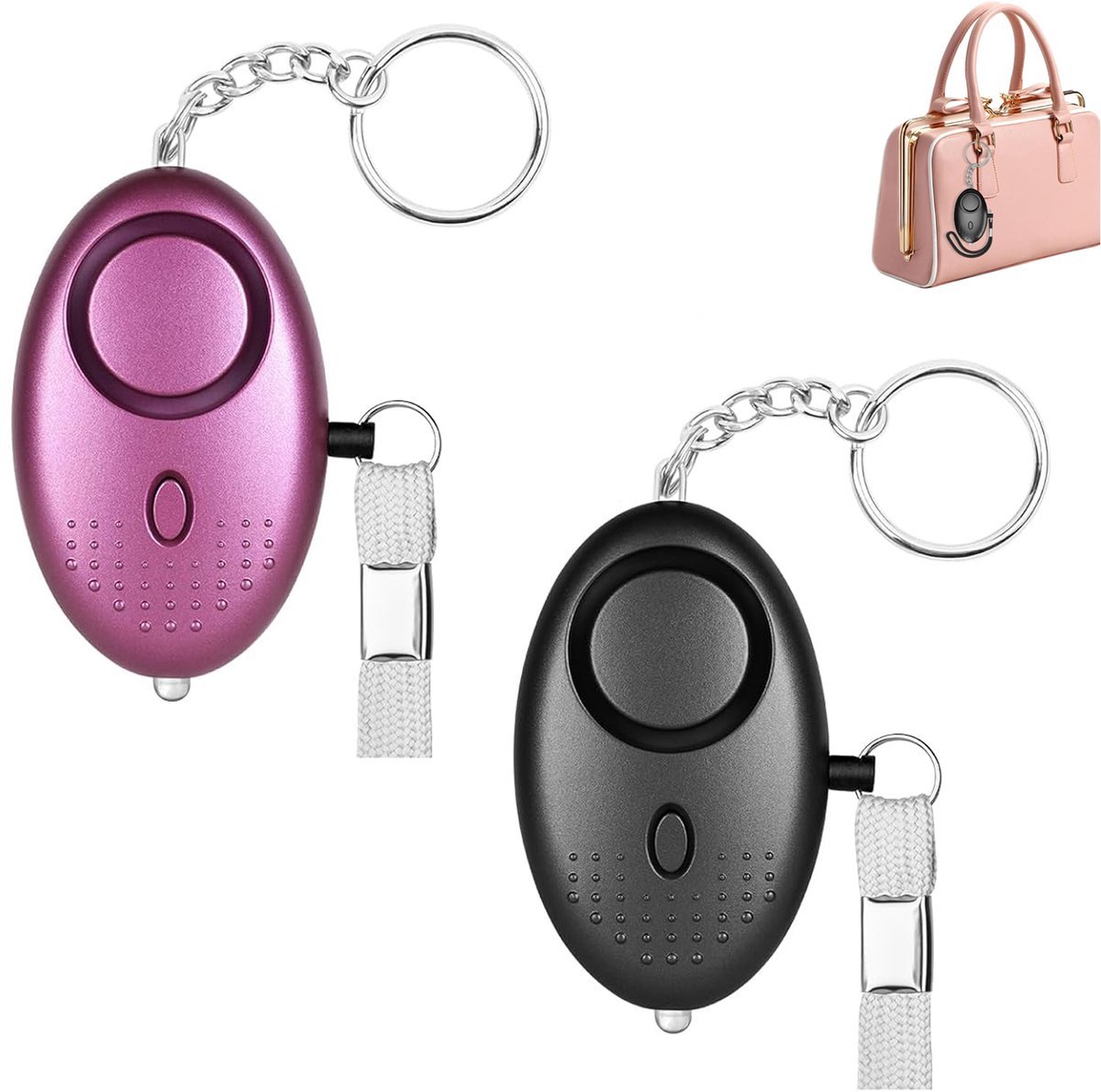 2 Stuks - 140 dB - Persoonlijke Alarm - Met LED Zaklamp En Sleutelhanger - Persoonlijk Zakalarm - Pepperspray - Paniekalarm - Anti Wolf Fluitje - Sleutelhanger - Voor Vrouwen, Meisjes En Ouderen - Verjagen/Afschrikken/Zelfverdediging - Zwart & Paars