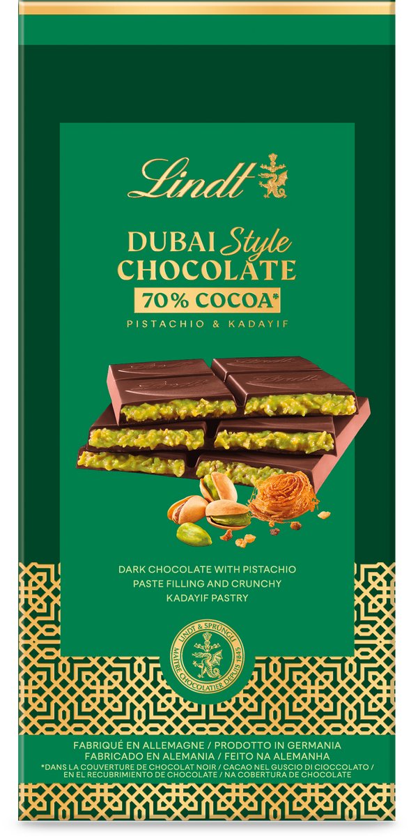 Lindt DUBAI STYLE Pure Chocoladereep Pistache 145 gram - Pure chocolade, Kadayif, Pistache noten - Premium Dubai Style chocolade