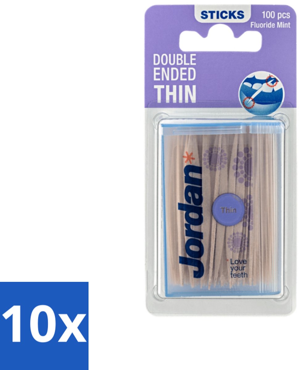 10 x Jordan Tandenstokers Double Ended Thin 100 stuks per verpakking - Tandenstokers - Interdentale Ruimte - Tanden Reinigen - Fluoride - Mintsmaak
