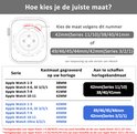 Handleiding om de juiste maat Apple Watch bandje te kiezen, met tabellen voor kast- en bandmaten.