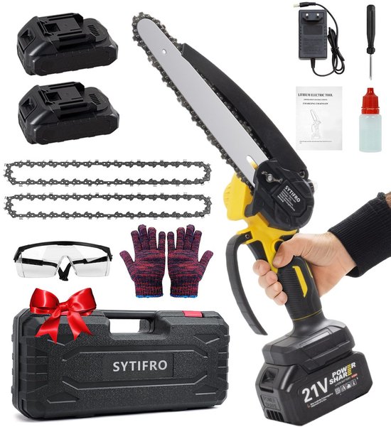SYTIFRO Accu Kettingzaag - Kettingzaag - Snoeizaag - Takkenzaag - Inclusief Koffer, 2x 3000mAh Accu's, 2 Kettingen en Veiligheidsbril - Geel