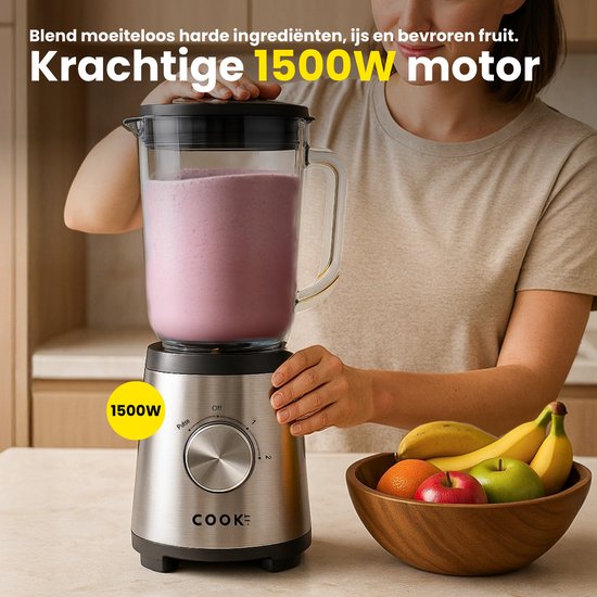COOK-IT 3-in-1 Blender - 1500W - RVS Design - Glazen Blenderkan 1,75L - Kruidenmolen 200ml - Smoothie Meeneembeker 600ml - 2 Snelheden + Pulsefunctie - Krachtige Multifunctionele Keukenmixer van COOK-IT — afbeelding 3